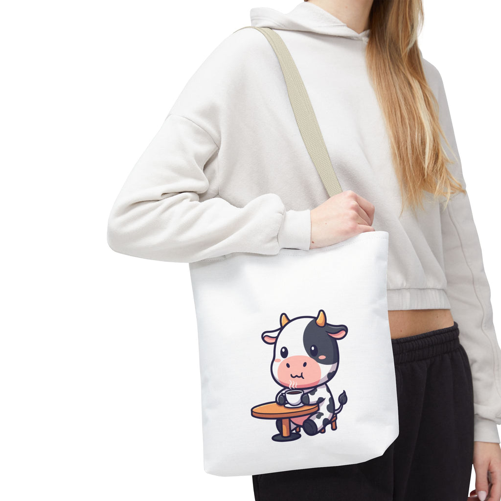 Cute Cow Sitting at Table Tote Bag — Kawaii Farm Animal AOP Tote