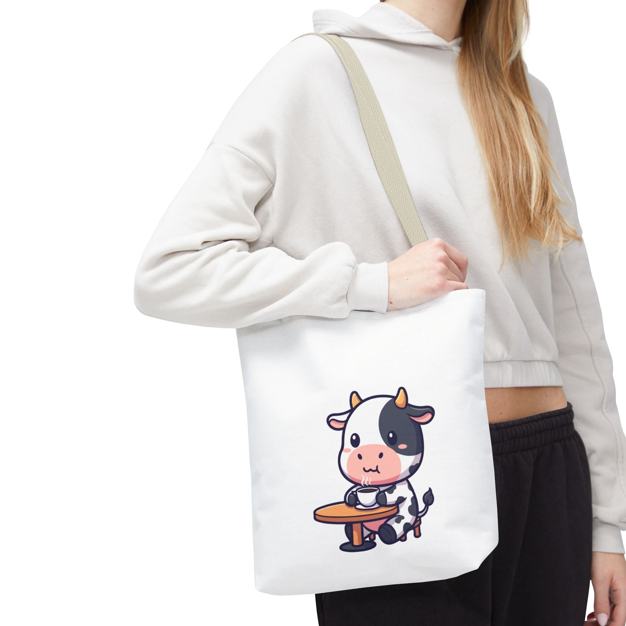 Cute Cow Sitting at Table Tote Bag — Kawaii Farm Animal AOP Tote
