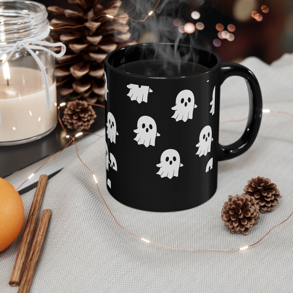 Cute Ghost Pattern Black Mug — Halloween Coffee Cup