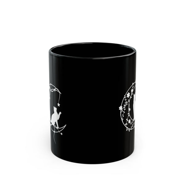 Black Cat Silhouette Mug – White Floral Wreath Coffee Cup