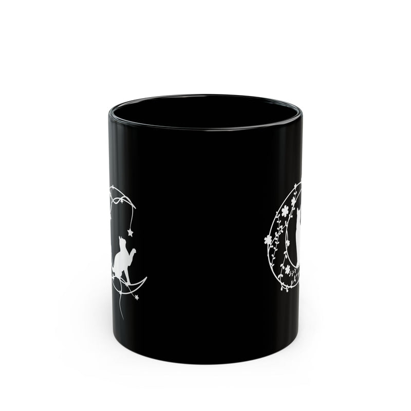 Black Cat Silhouette Mug – White Floral Wreath Coffee Cup