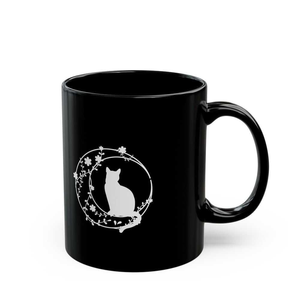 Black Cat Silhouette Mug – White Floral Wreath Coffee Cup