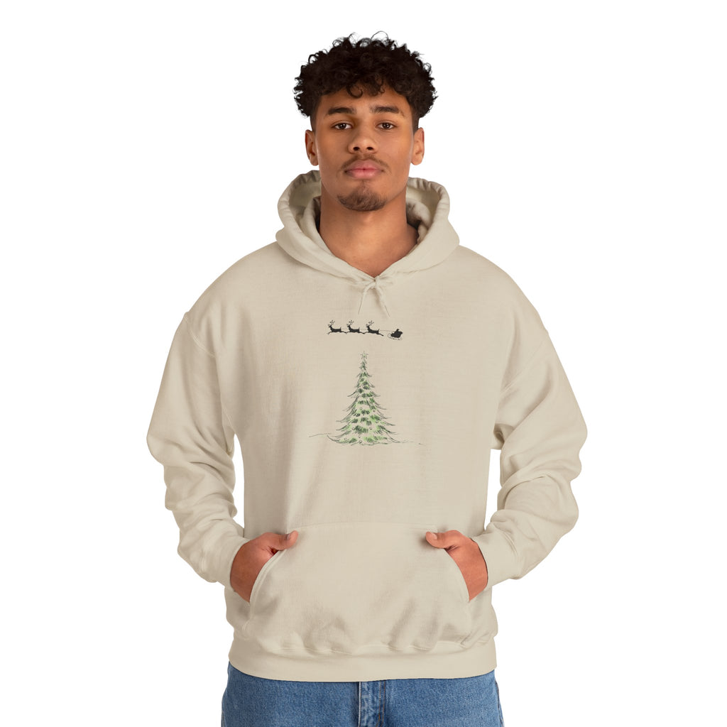 Christmas Tree Hoodie — Minimal Holiday Sweatshirt with Santa Sleigh Design