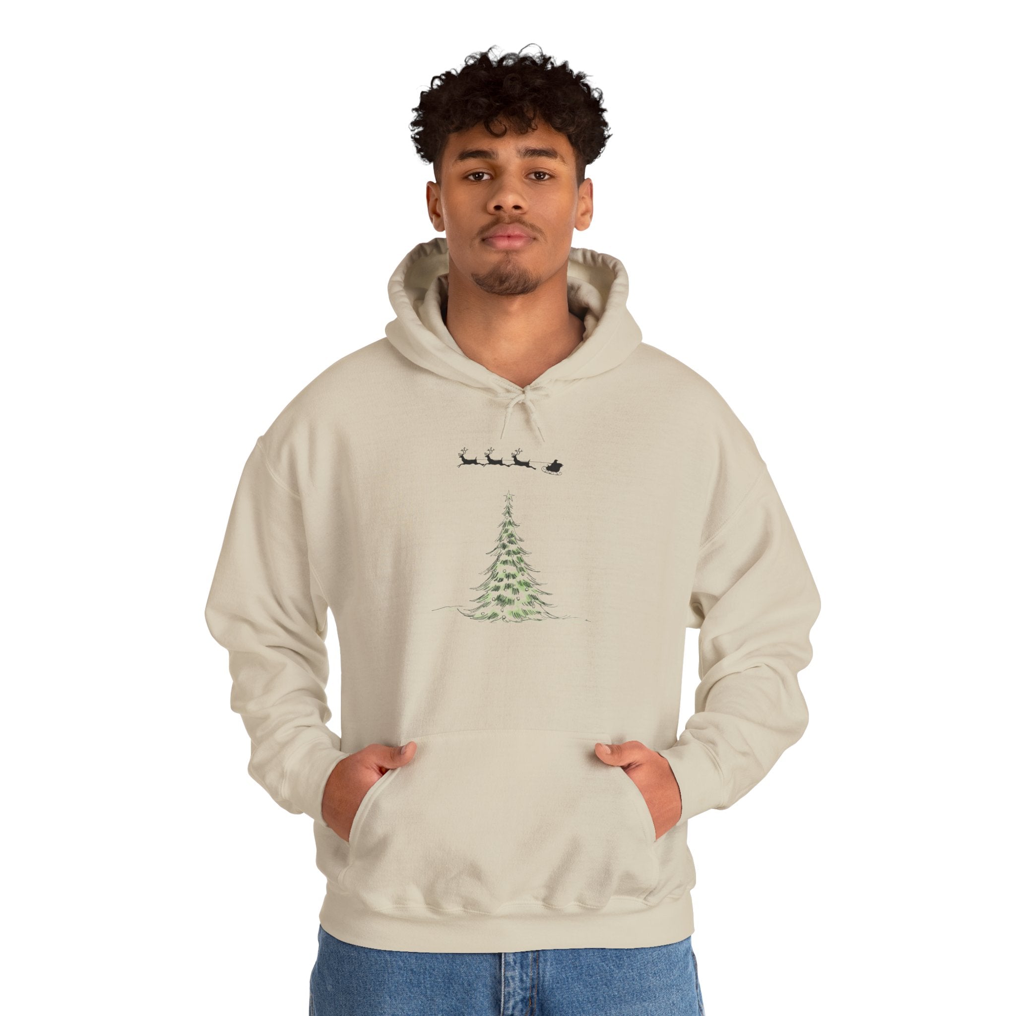 Christmas Tree Hoodie — Minimal Holiday Sweatshirt with Santa Sleigh Design