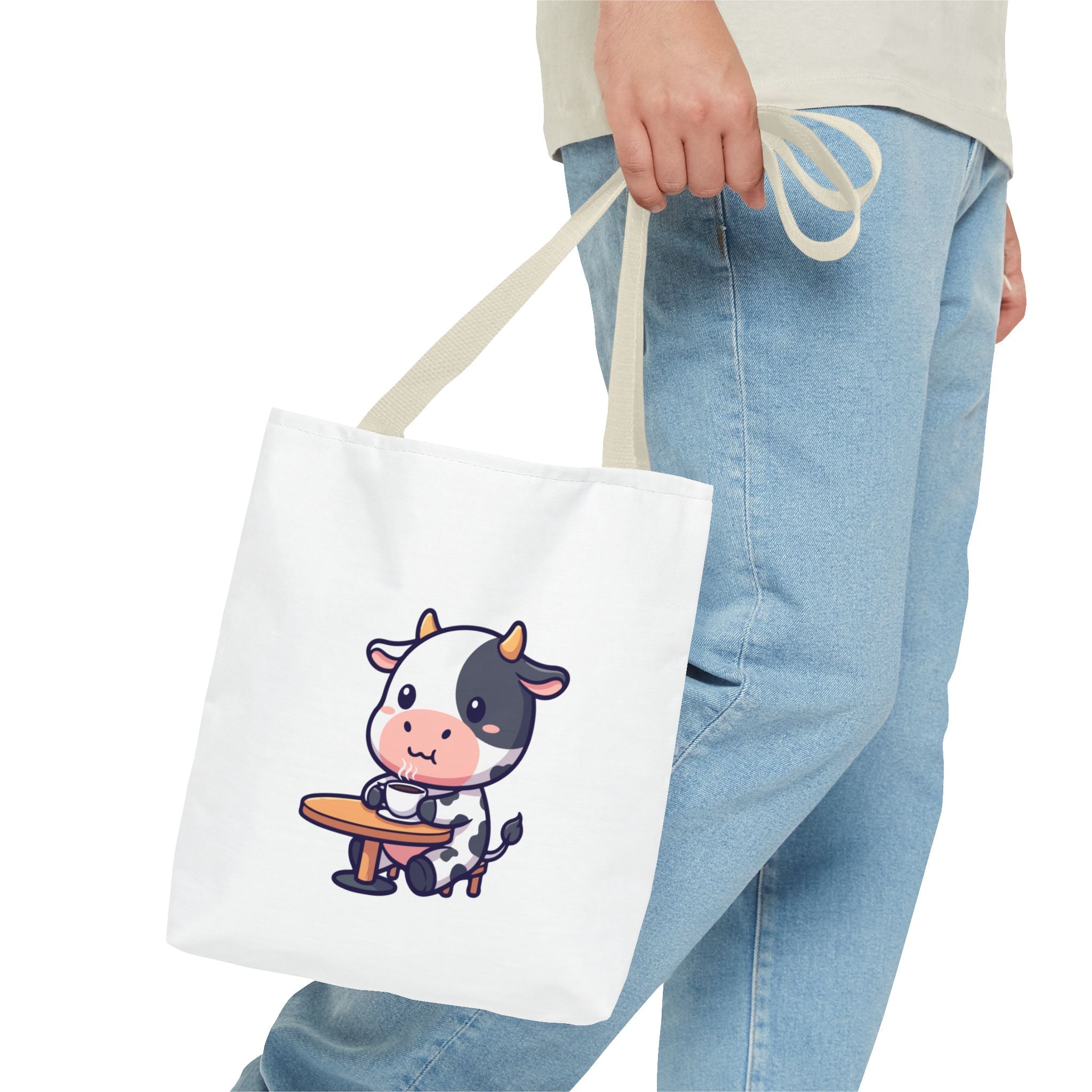 Cute Cow Sitting at Table Tote Bag — Kawaii Farm Animal AOP Tote