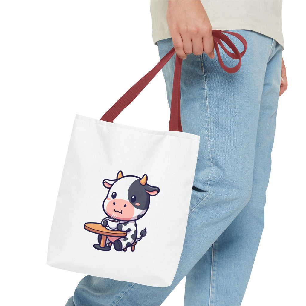 Cute Cow Sitting at Table Tote Bag — Kawaii Farm Animal AOP Tote