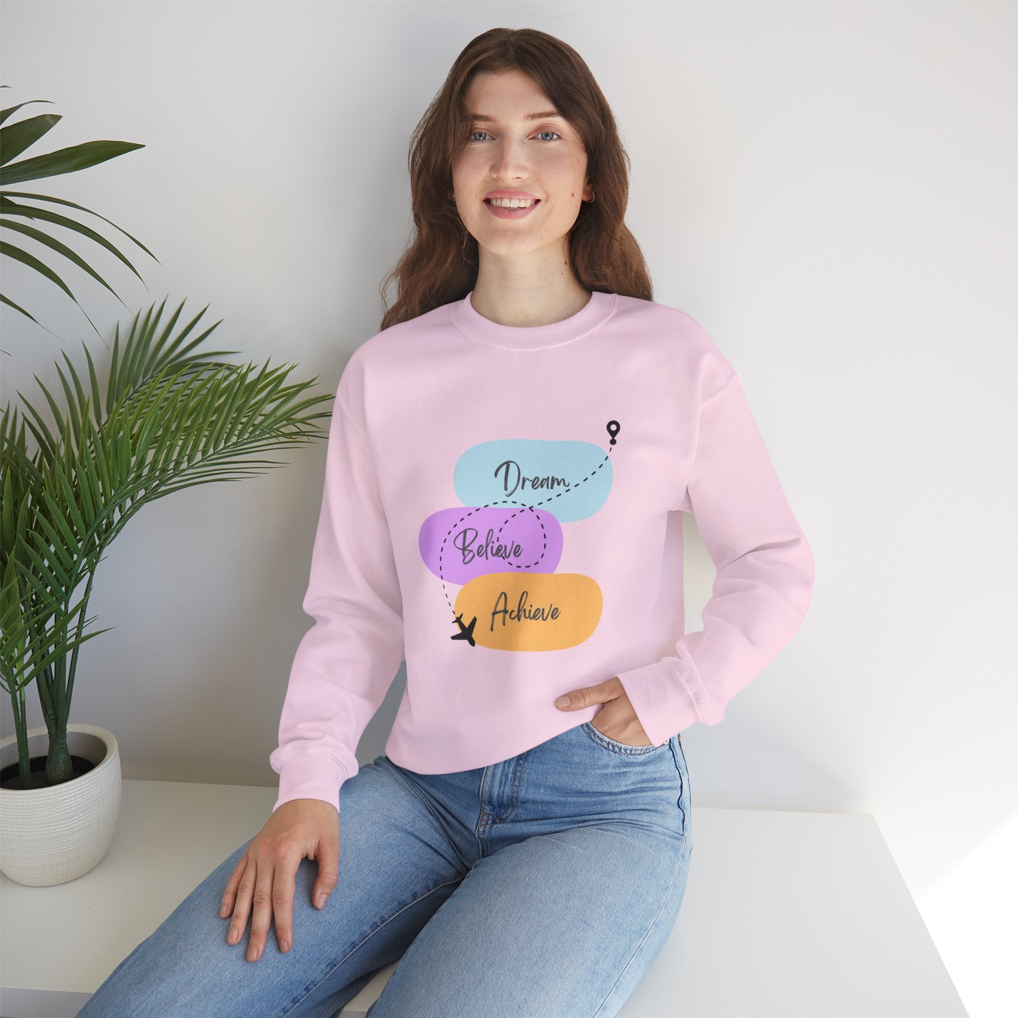 Crewneck Sweatshirt — "Dream, Believe, Achieve" Inspirational Travel Graphic