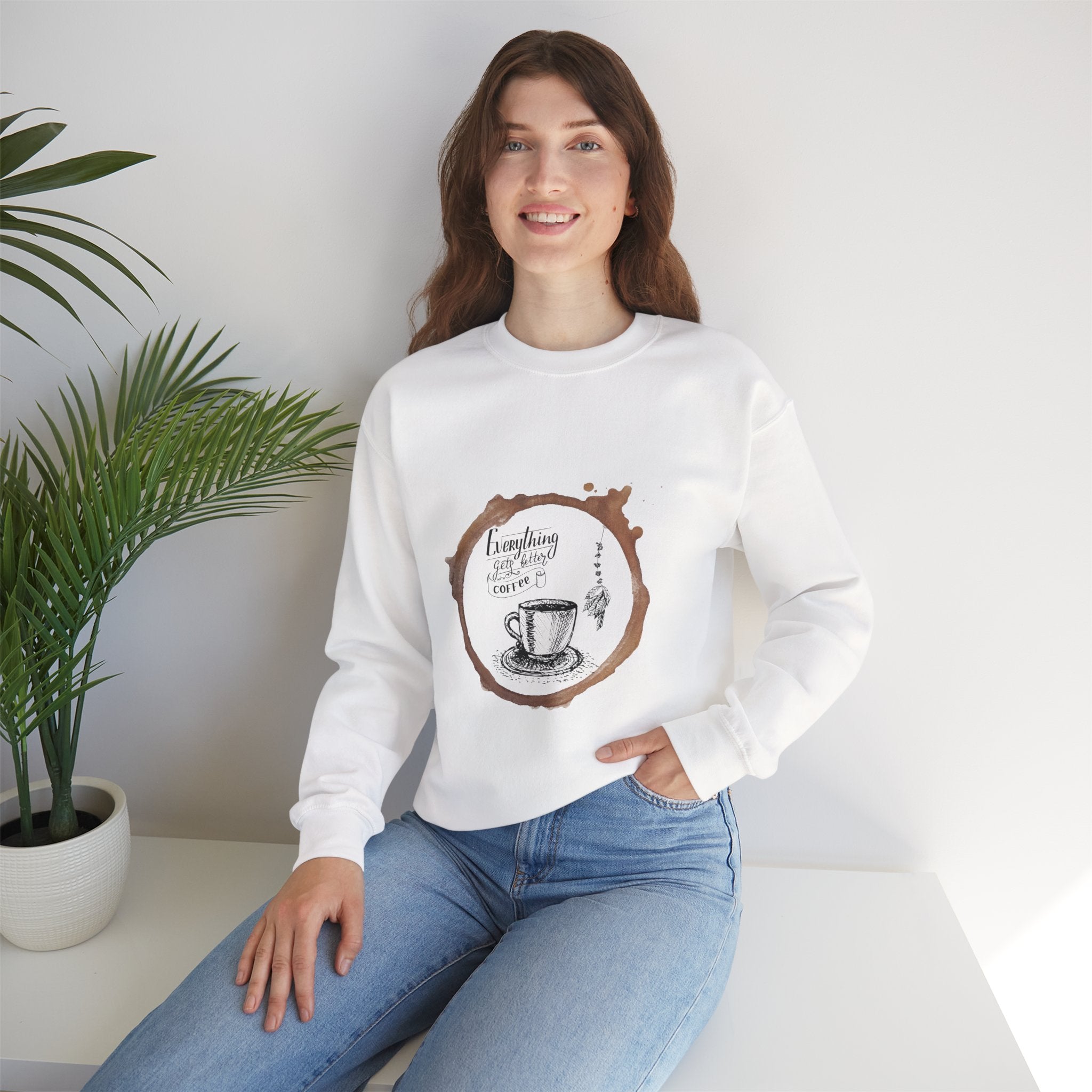 Coffee Lovers Sweatshirt — "Everything I Need Is Coffee" Cream Crewneck