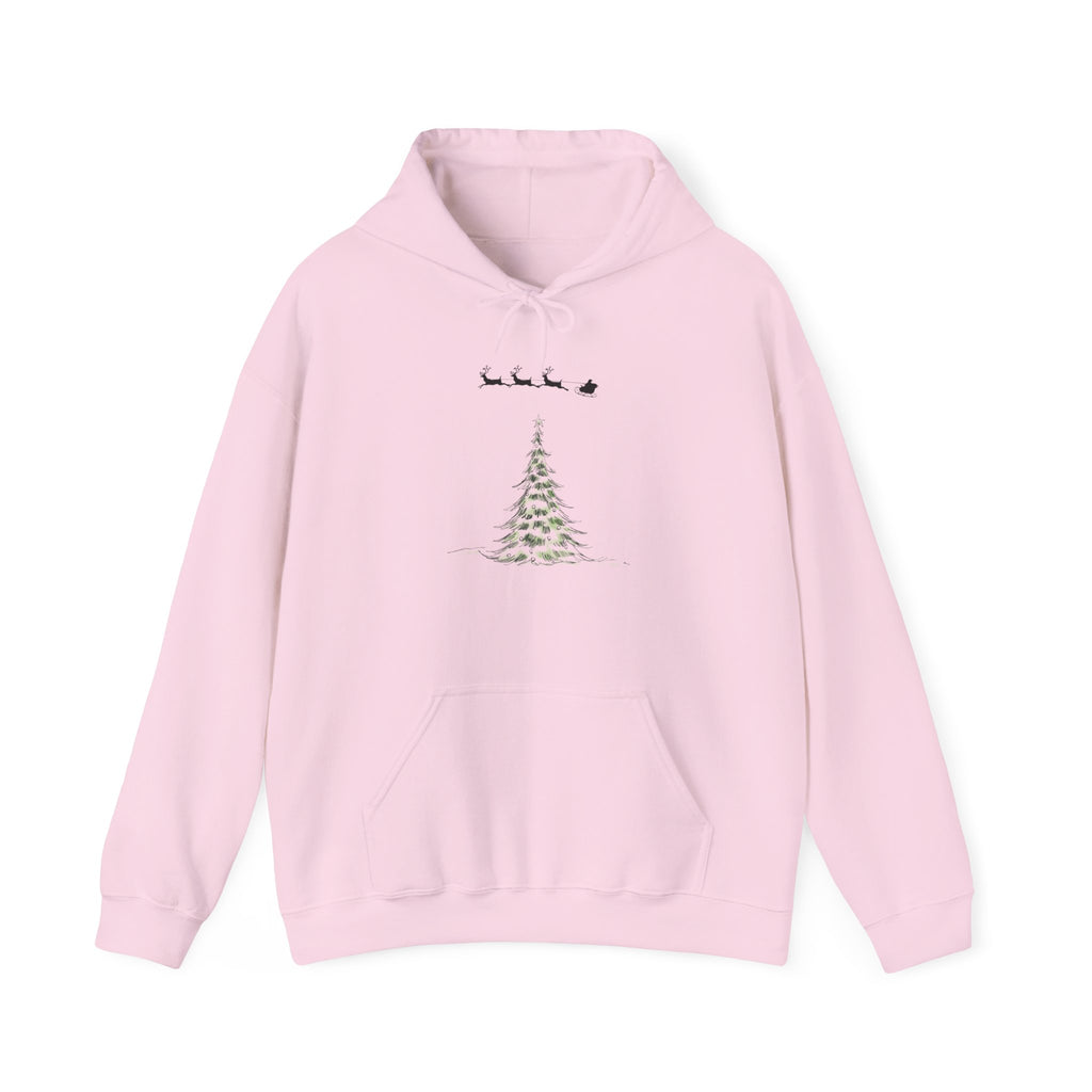 Christmas Tree Hoodie — Minimal Holiday Sweatshirt with Santa Sleigh Design