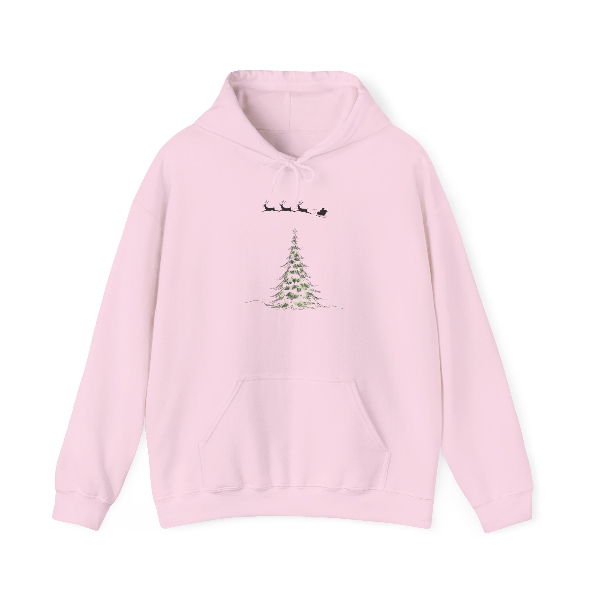 Christmas Tree Hoodie — Minimal Holiday Sweatshirt with Santa Sleigh Design