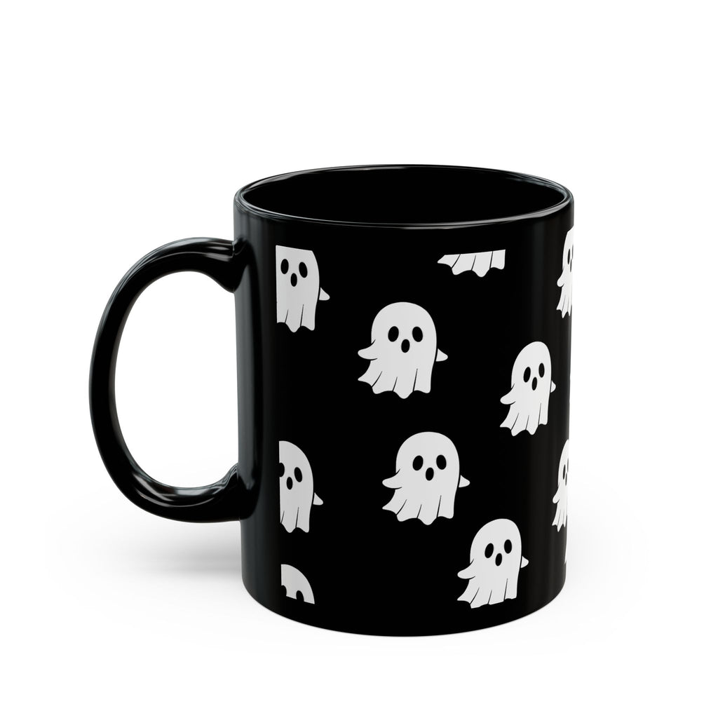 Cute Ghost Pattern Black Mug — Halloween Coffee Cup