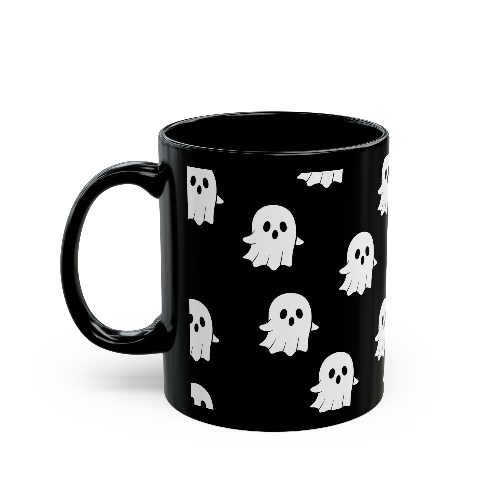 Cute Ghost Pattern Black Mug — Halloween Coffee Cup