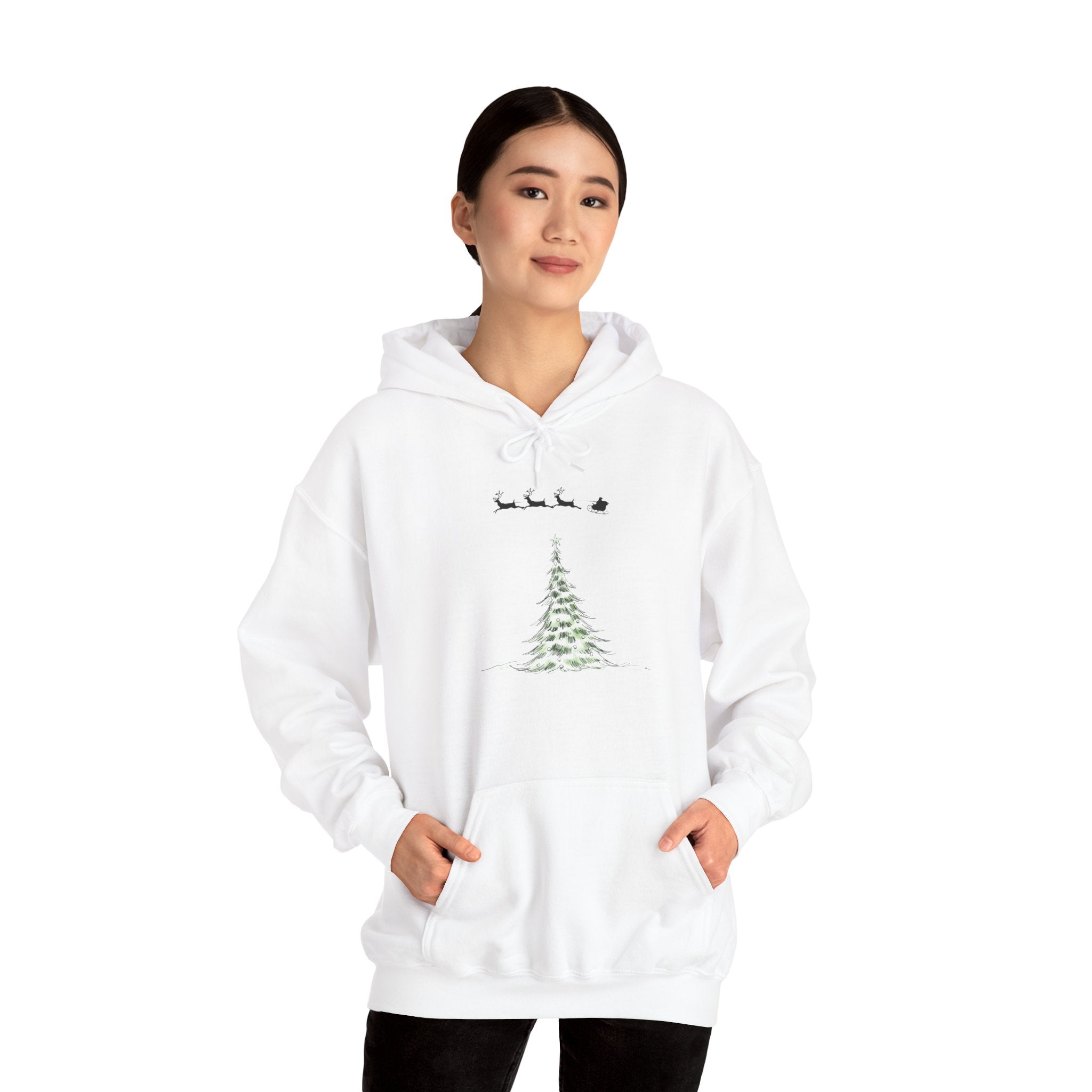 Christmas Tree Hoodie — Minimal Holiday Sweatshirt with Santa Sleigh Design