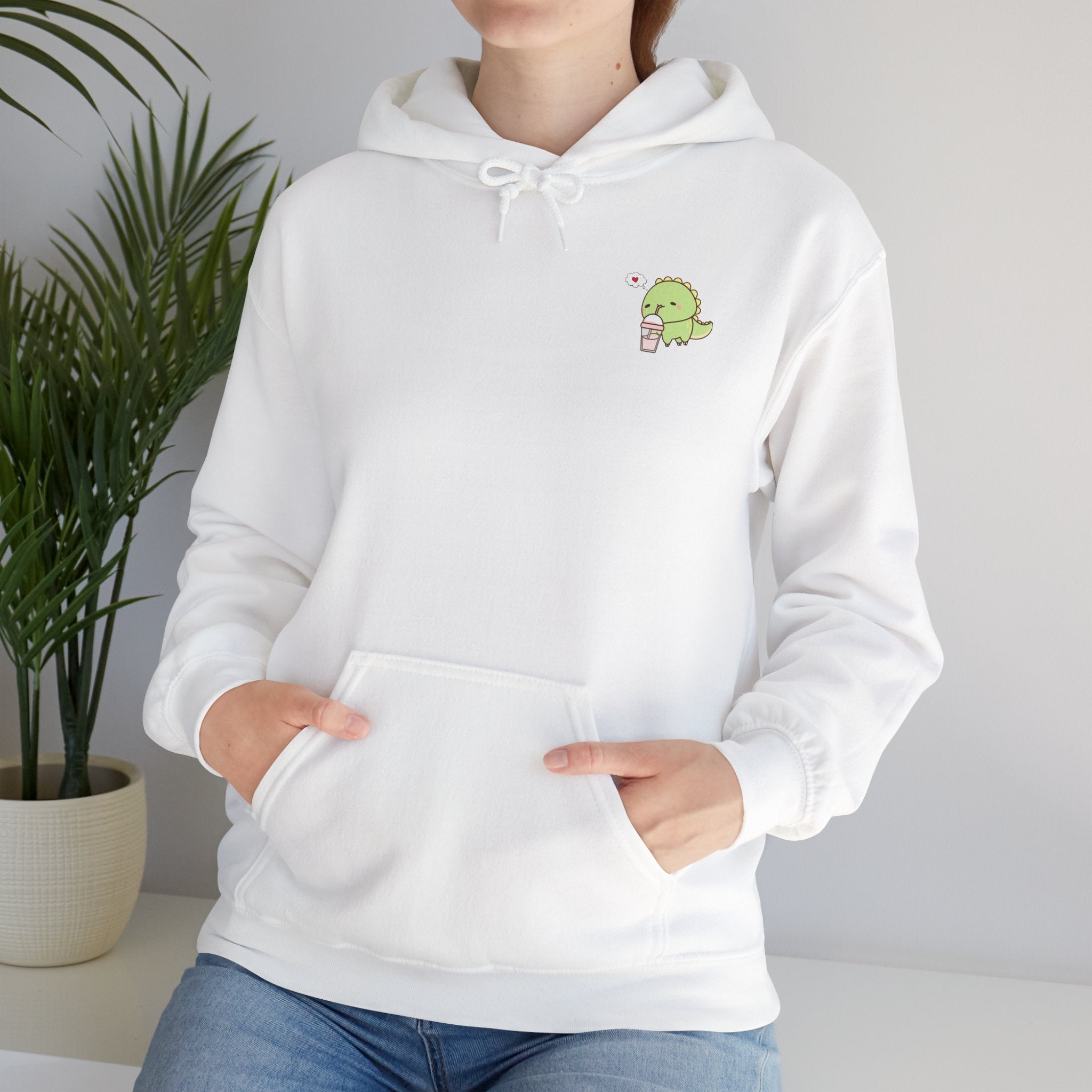 Cute Green dinosaur Pocket Hoodie — Minimal Kawaii dinosaur Design