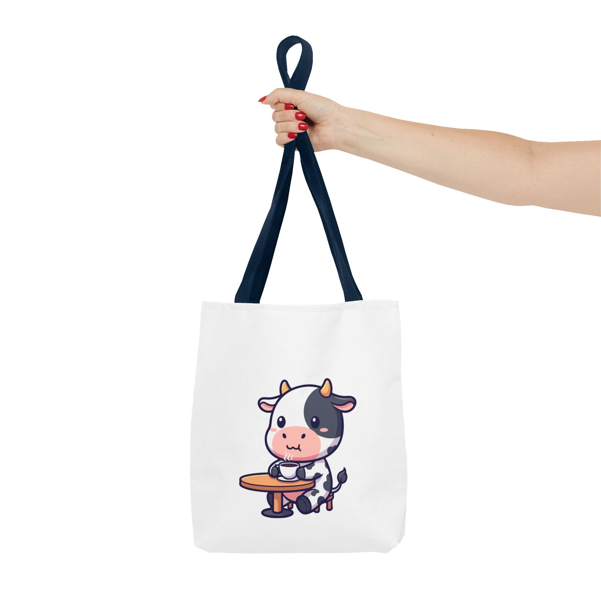 Cute Cow Sitting at Table Tote Bag — Kawaii Farm Animal AOP Tote