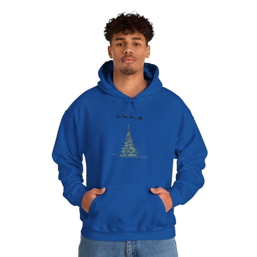 Christmas Tree Hoodie — Minimal Holiday Sweatshirt with Santa Sleigh Design