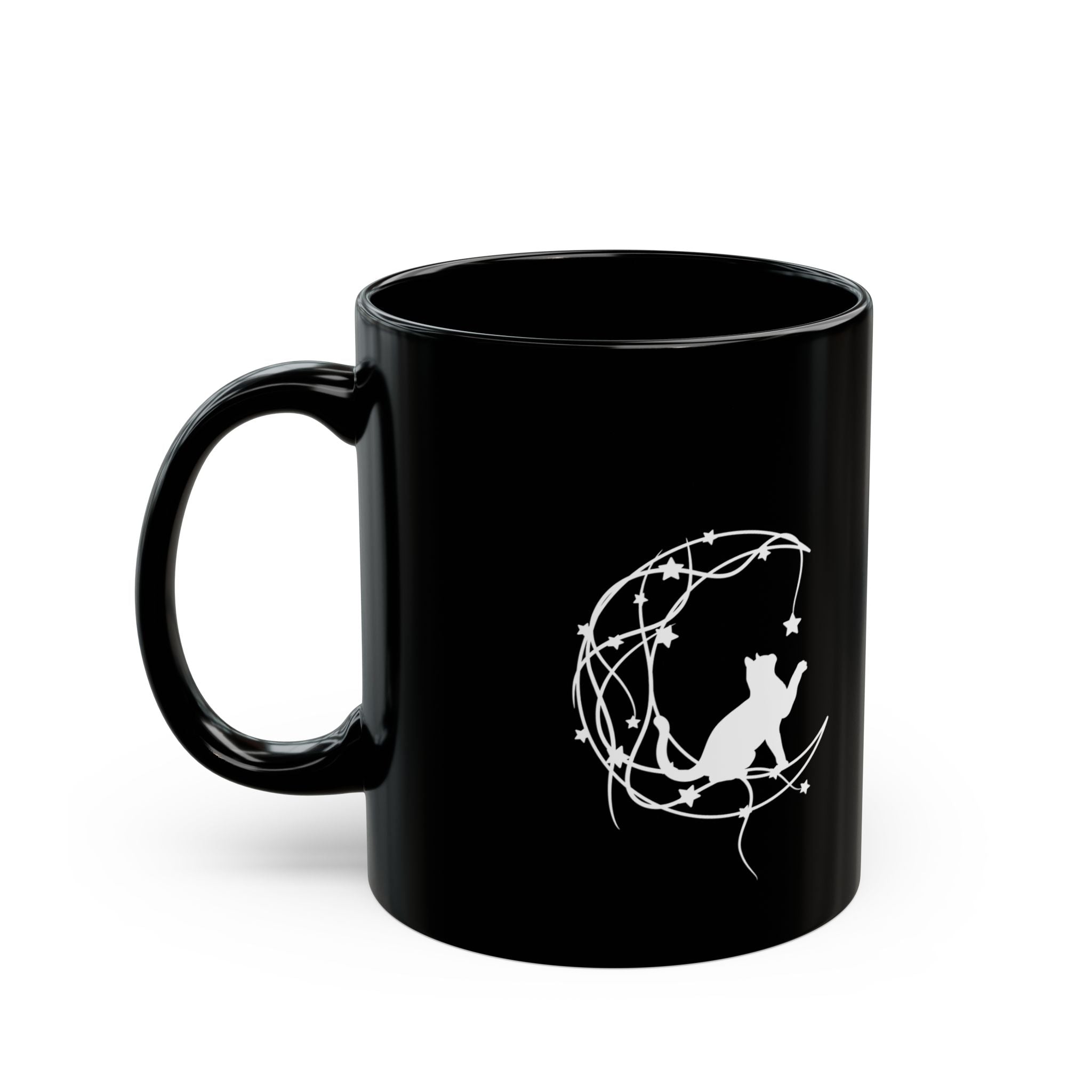 Black Cat Silhouette Mug – White Floral Wreath Coffee Cup
