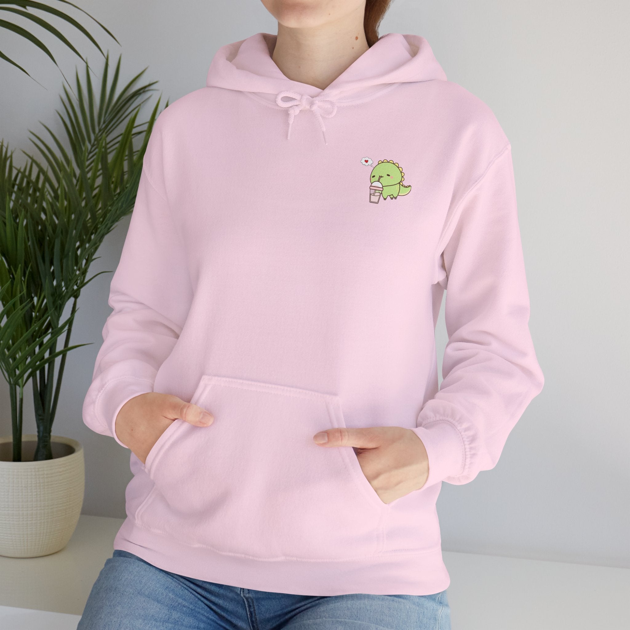 Cute Green dinosaur Pocket Hoodie — Minimal Kawaii dinosaur Design