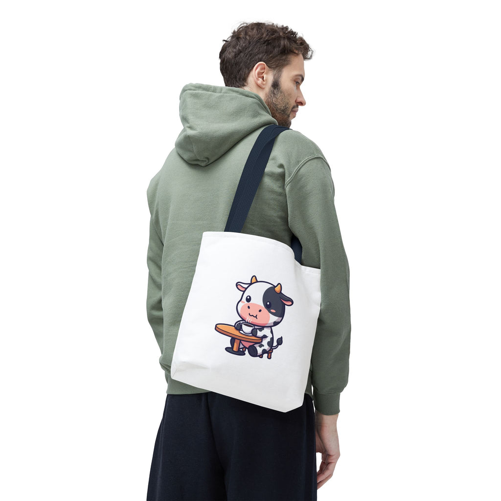 Cute Cow Sitting at Table Tote Bag — Kawaii Farm Animal AOP Tote