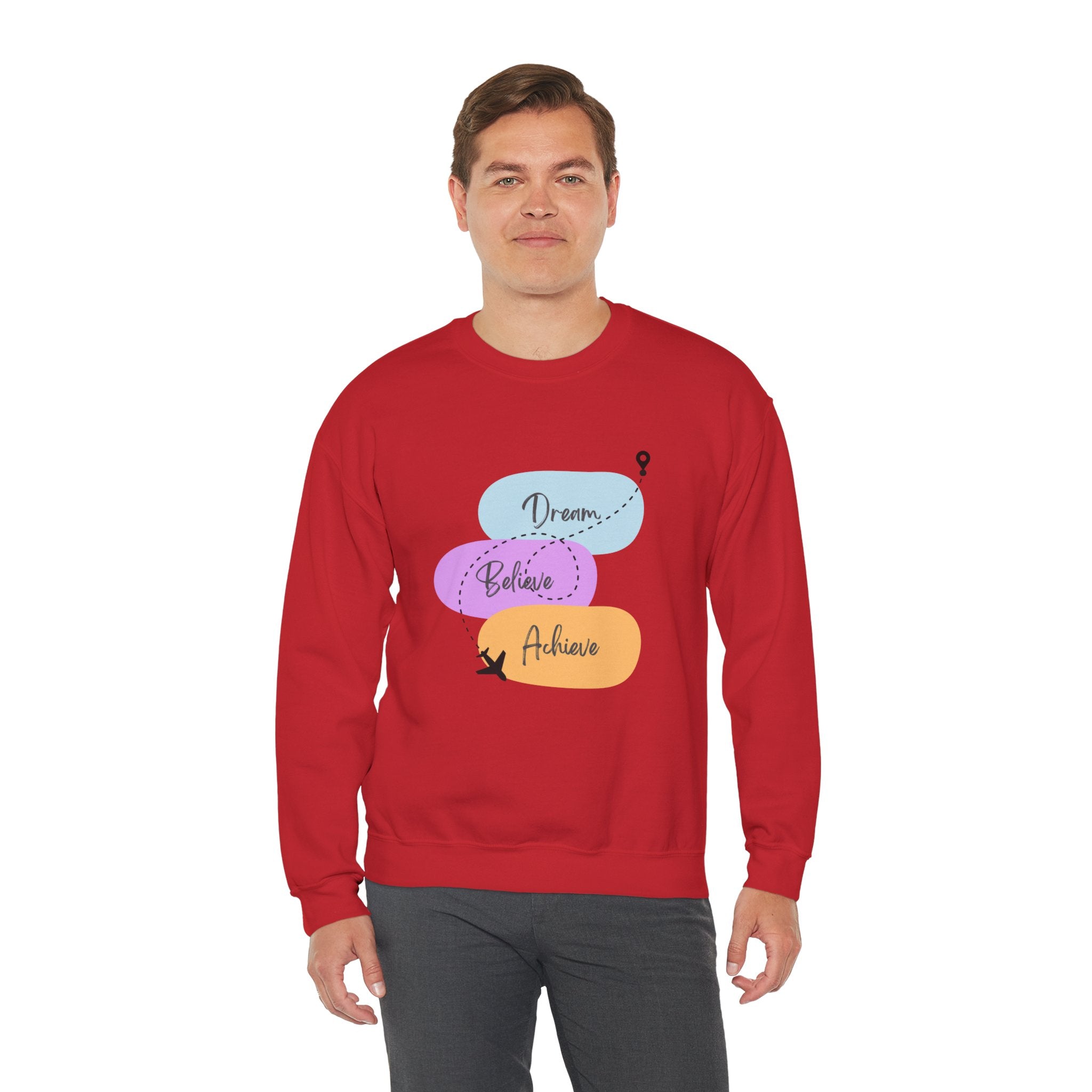 Crewneck Sweatshirt — "Dream, Believe, Achieve" Inspirational Travel Graphic