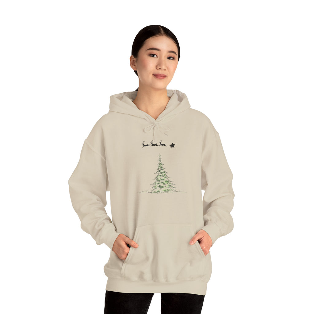 Christmas Tree Hoodie — Minimal Holiday Sweatshirt with Santa Sleigh Design