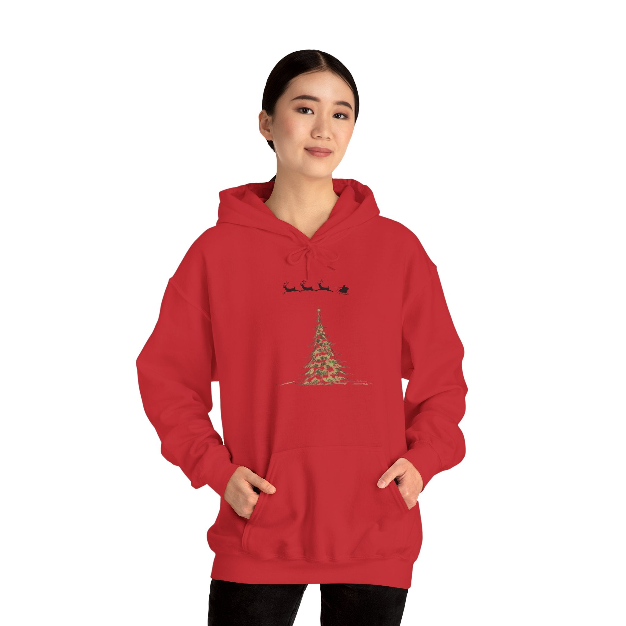 Christmas Tree Hoodie — Minimal Holiday Sweatshirt with Santa Sleigh Design