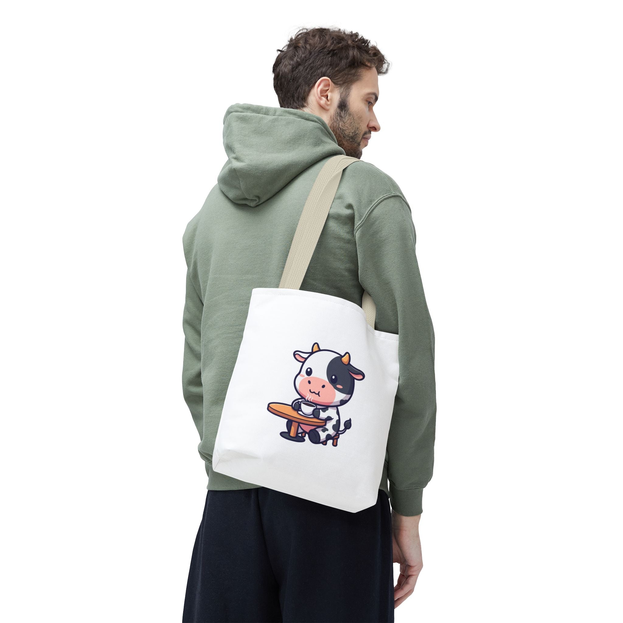 Cute Cow Sitting at Table Tote Bag — Kawaii Farm Animal AOP Tote