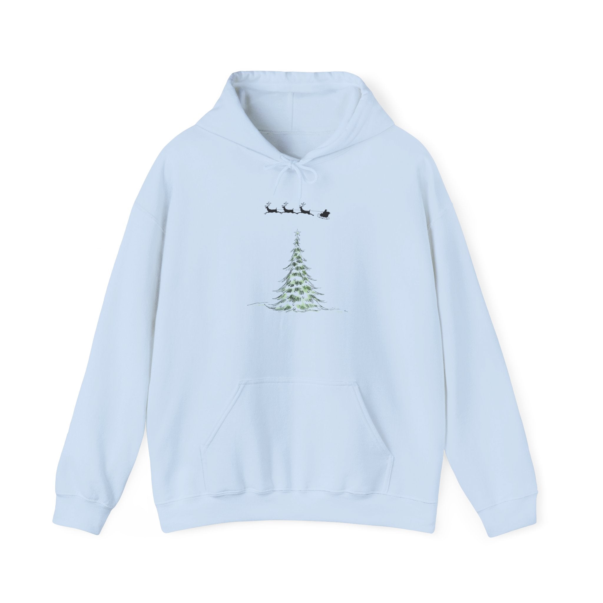 Christmas Tree Hoodie — Minimal Holiday Sweatshirt with Santa Sleigh Design