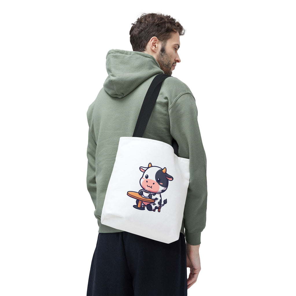 Cute Cow Sitting at Table Tote Bag — Kawaii Farm Animal AOP Tote
