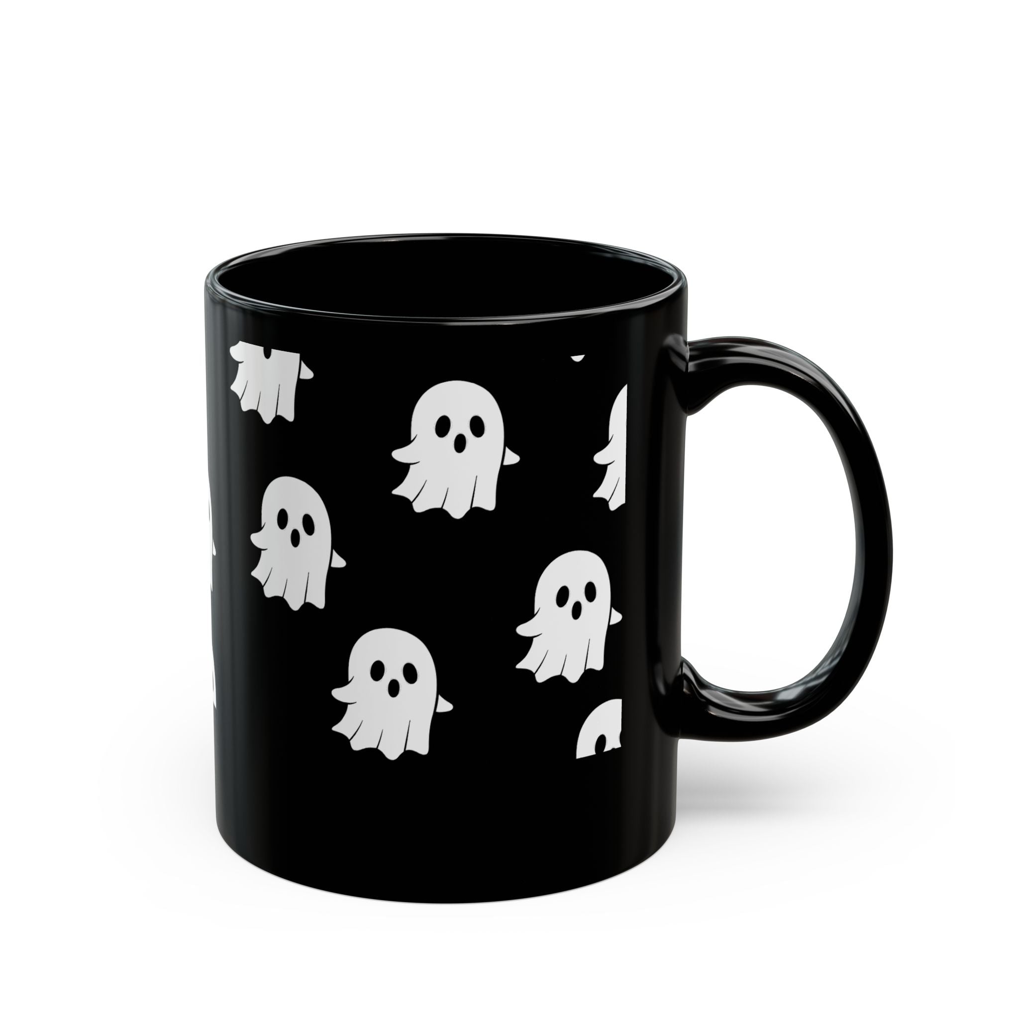 Cute Ghost Pattern Black Mug — Halloween Coffee Cup