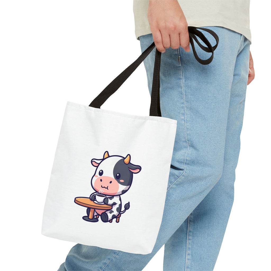 Cute Cow Sitting at Table Tote Bag — Kawaii Farm Animal AOP Tote