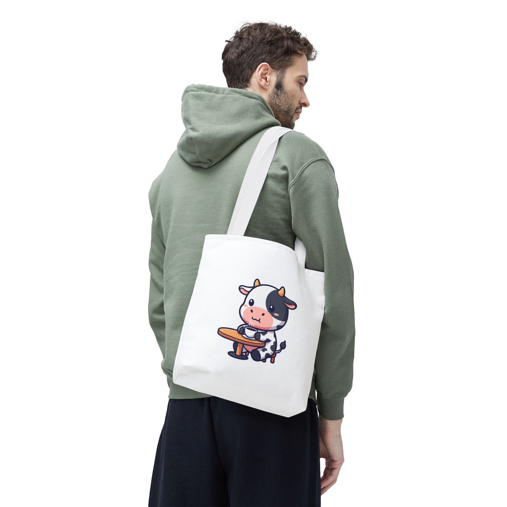 Cute Cow Sitting at Table Tote Bag — Kawaii Farm Animal AOP Tote