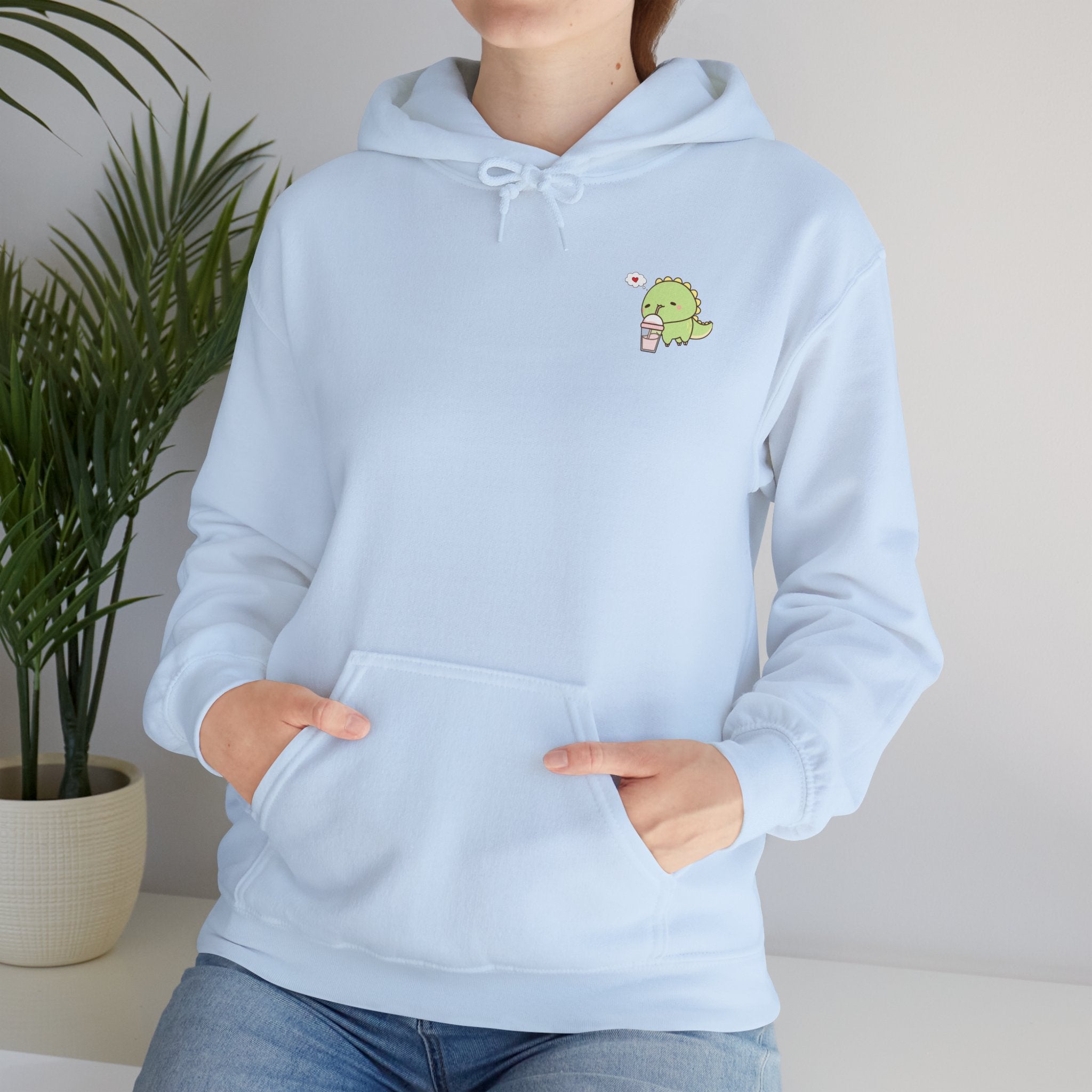 Cute Green dinosaur Pocket Hoodie — Minimal Kawaii dinosaur Design
