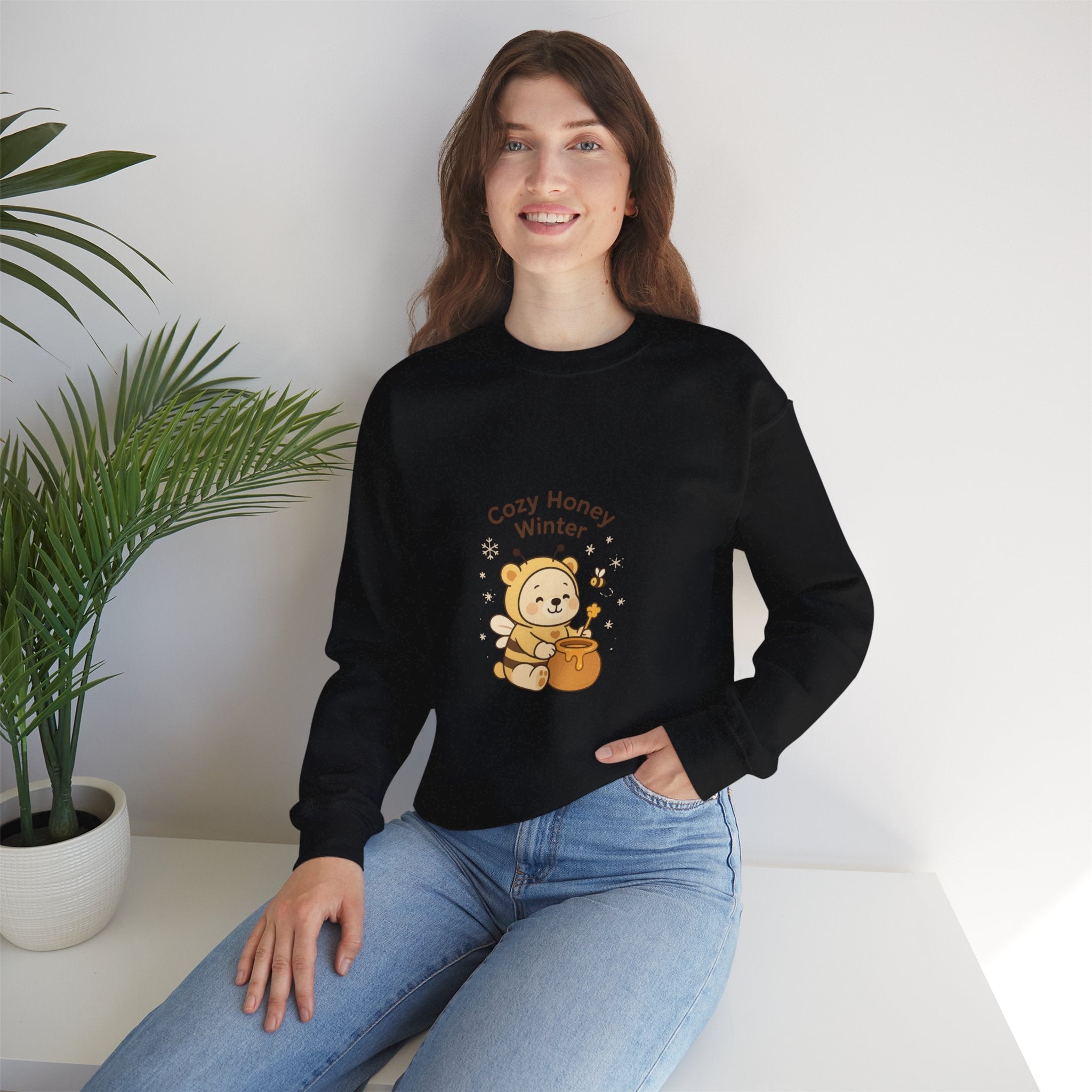 Crewneck Sweatshirt — "Cozy Honey Winter" Cute Bear with Honey Pot