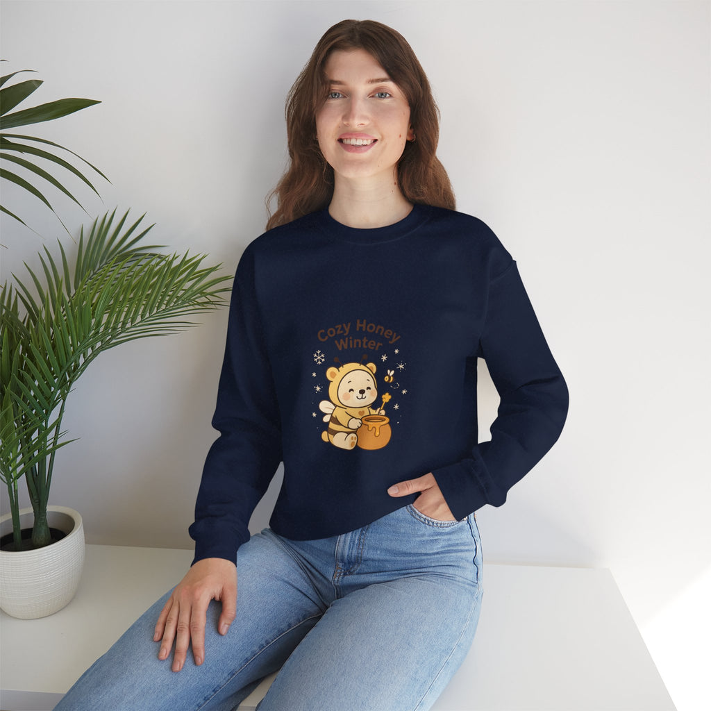 Crewneck Sweatshirt — "Cozy Honey Winter" Cute Bear with Honey Pot