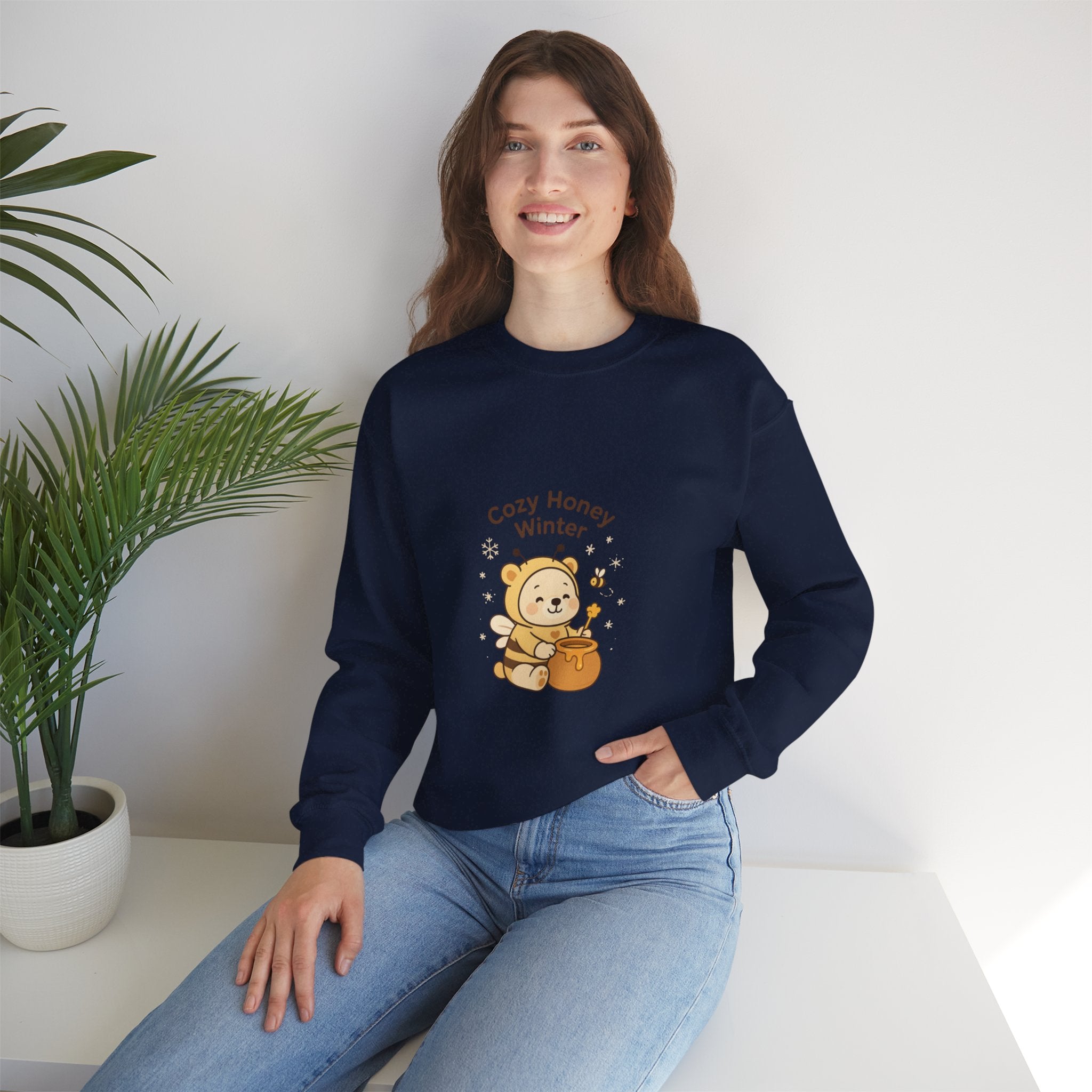 Crewneck Sweatshirt — "Cozy Honey Winter" Cute Bear with Honey Pot