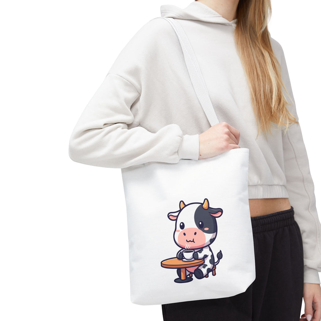 Cute Cow Sitting at Table Tote Bag — Kawaii Farm Animal AOP Tote