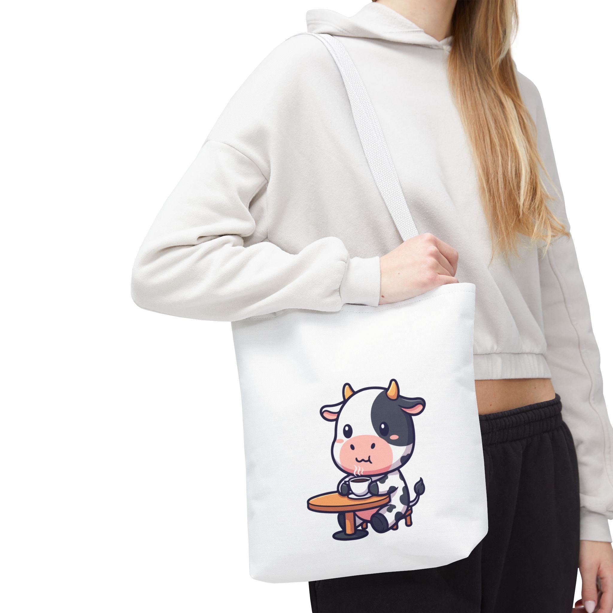 Cute Cow Sitting at Table Tote Bag — Kawaii Farm Animal AOP Tote