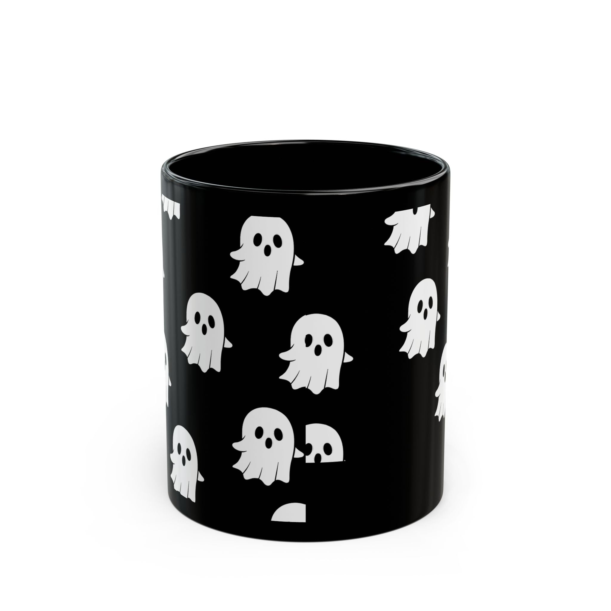 Cute Ghost Pattern Black Mug — Halloween Coffee Cup
