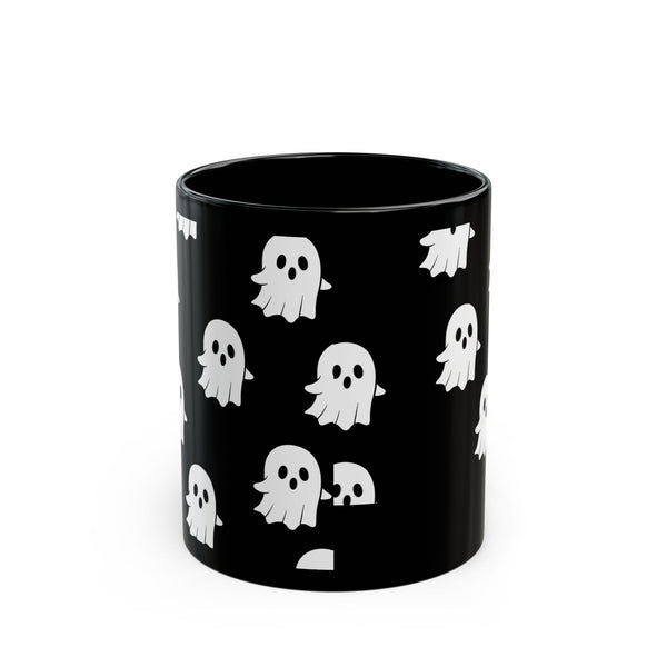 Cute Ghost Pattern Black Mug — Halloween Coffee Cup