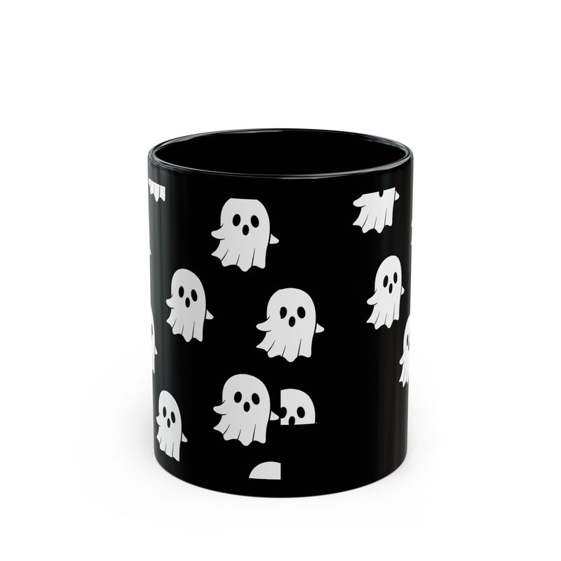 Cute Ghost Pattern Black Mug — Halloween Coffee Cup