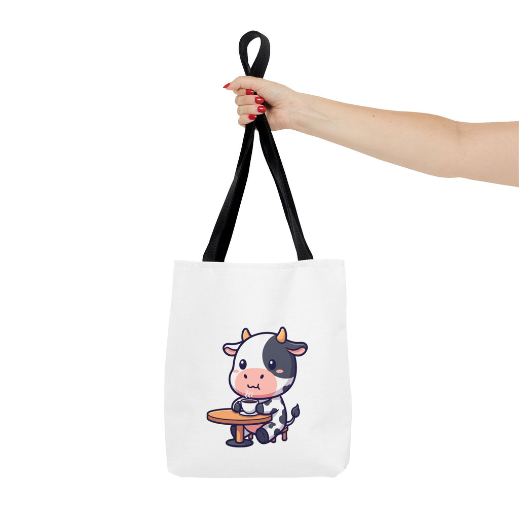 Cute Cow Sitting at Table Tote Bag — Kawaii Farm Animal AOP Tote
