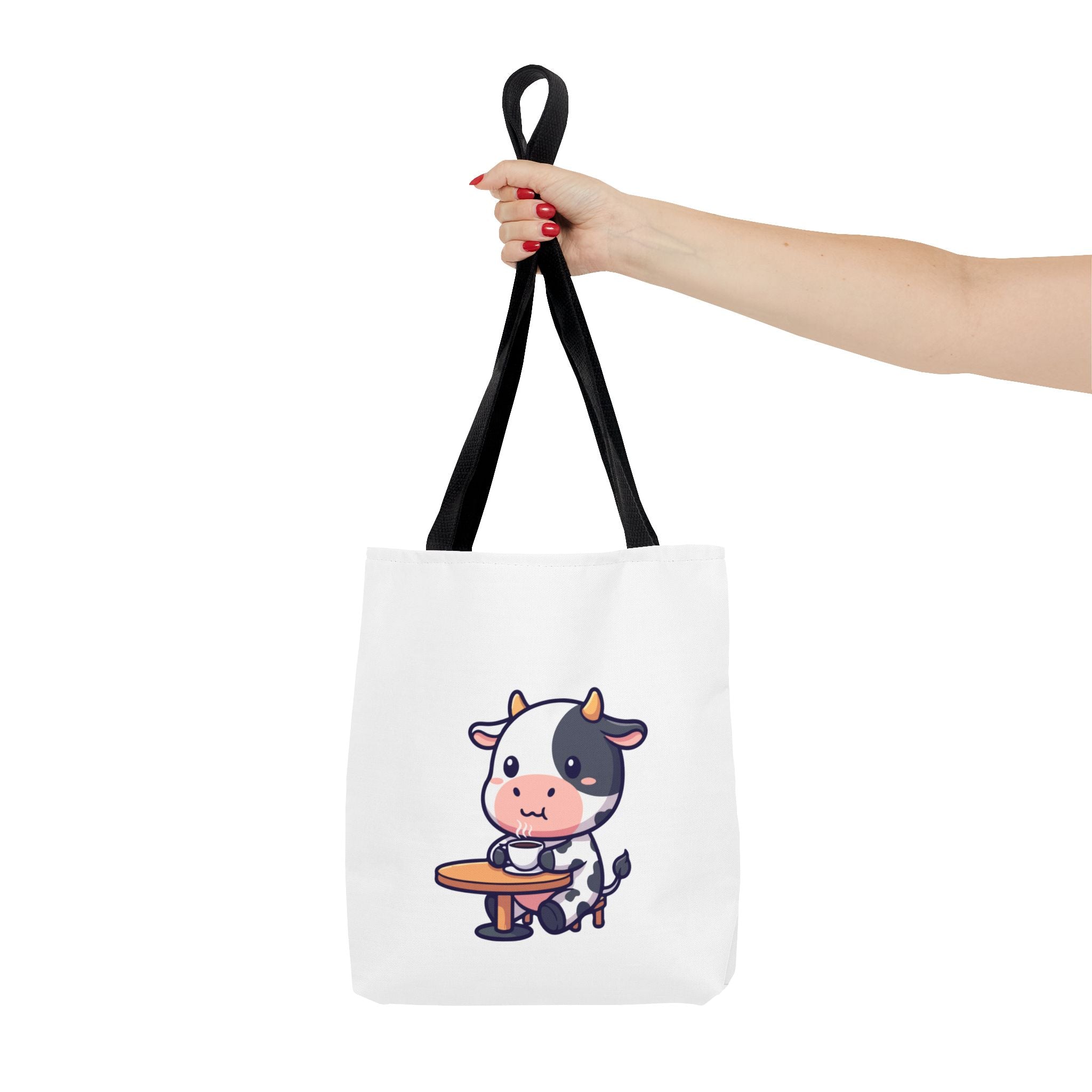 Cute Cow Sitting at Table Tote Bag — Kawaii Farm Animal AOP Tote