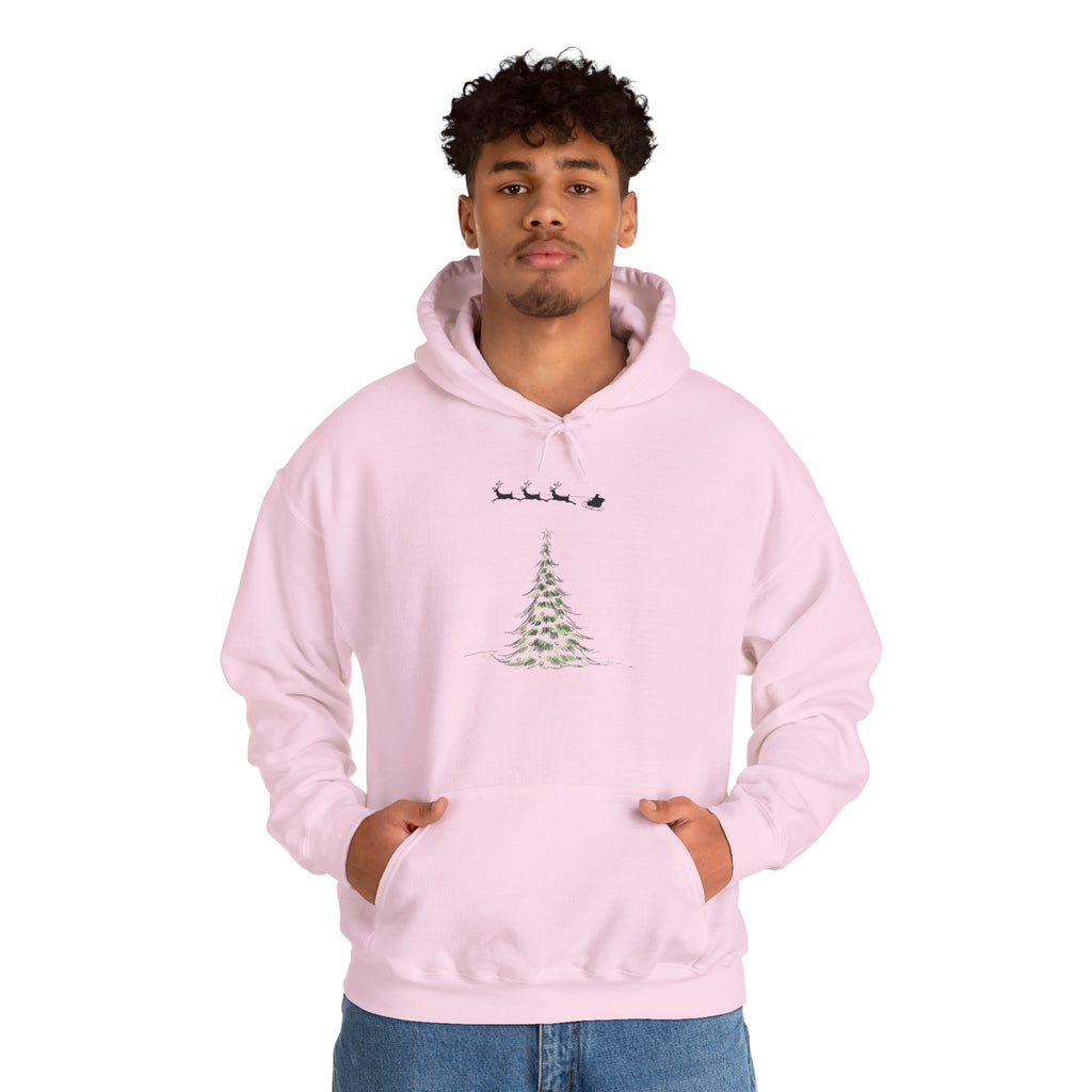Christmas Tree Hoodie — Minimal Holiday Sweatshirt with Santa Sleigh Design