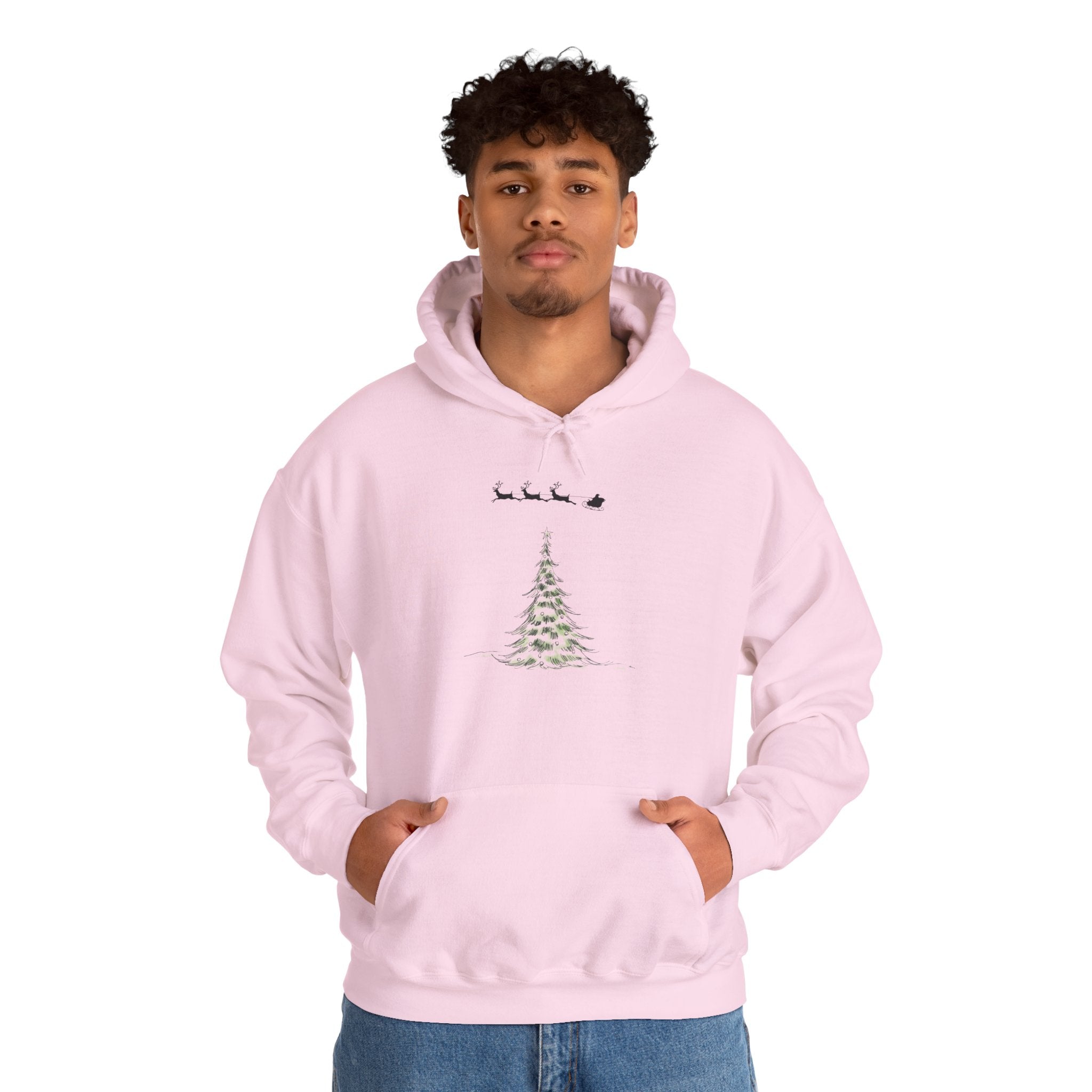Christmas Tree Hoodie — Minimal Holiday Sweatshirt with Santa Sleigh Design