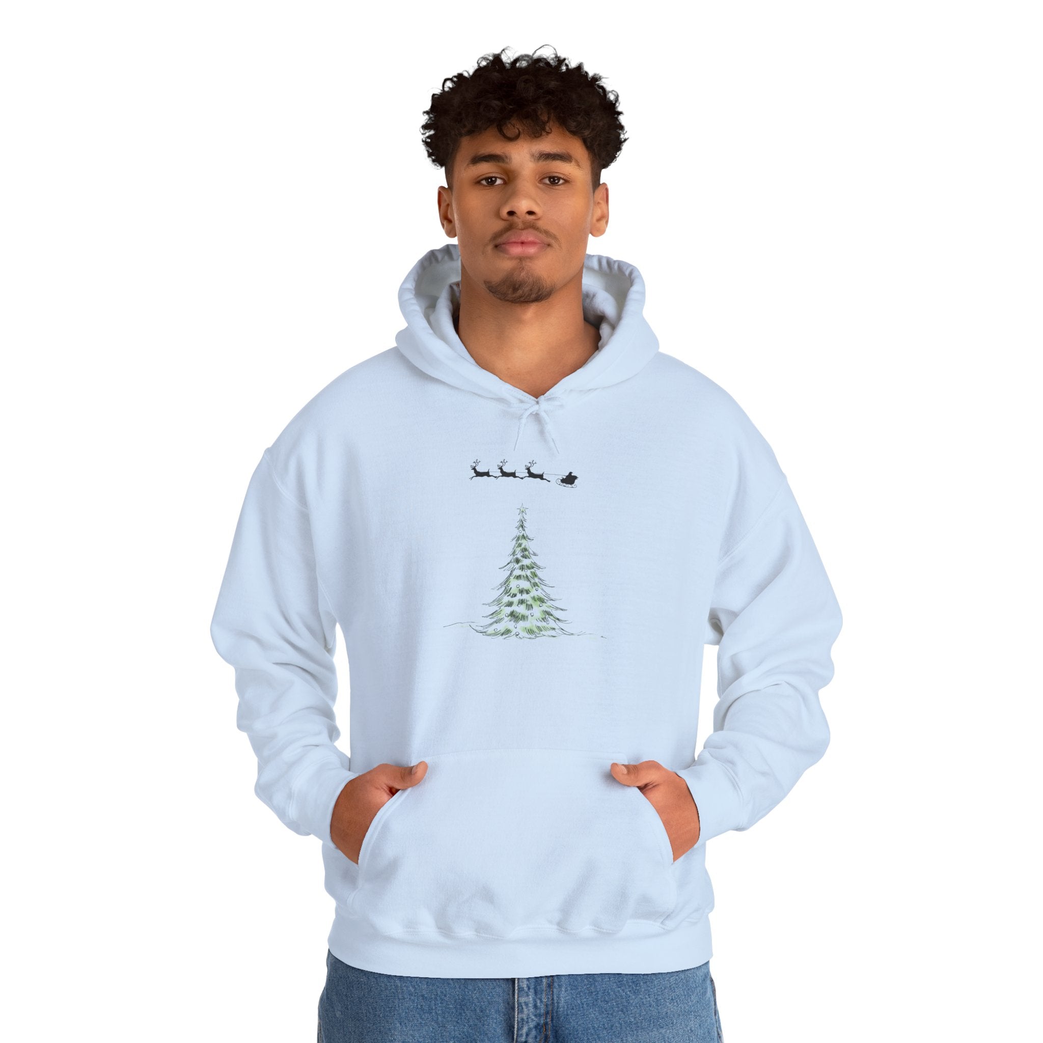 Christmas Tree Hoodie — Minimal Holiday Sweatshirt with Santa Sleigh Design