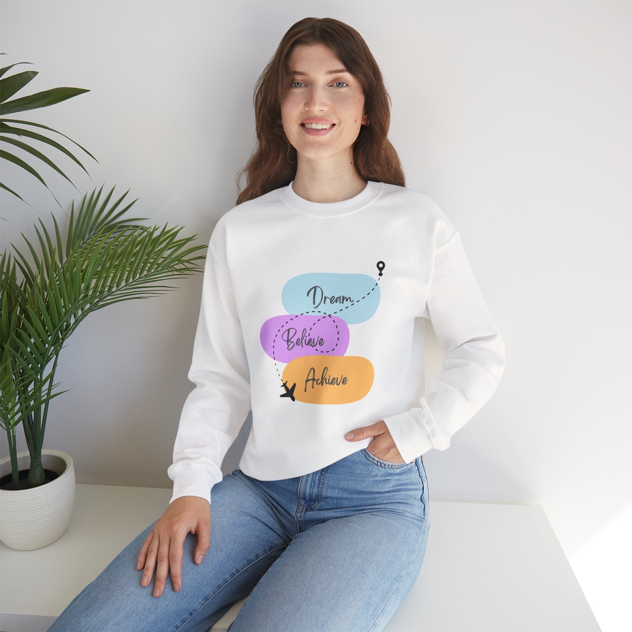 Crewneck Sweatshirt — "Dream, Believe, Achieve" Inspirational Travel Graphic
