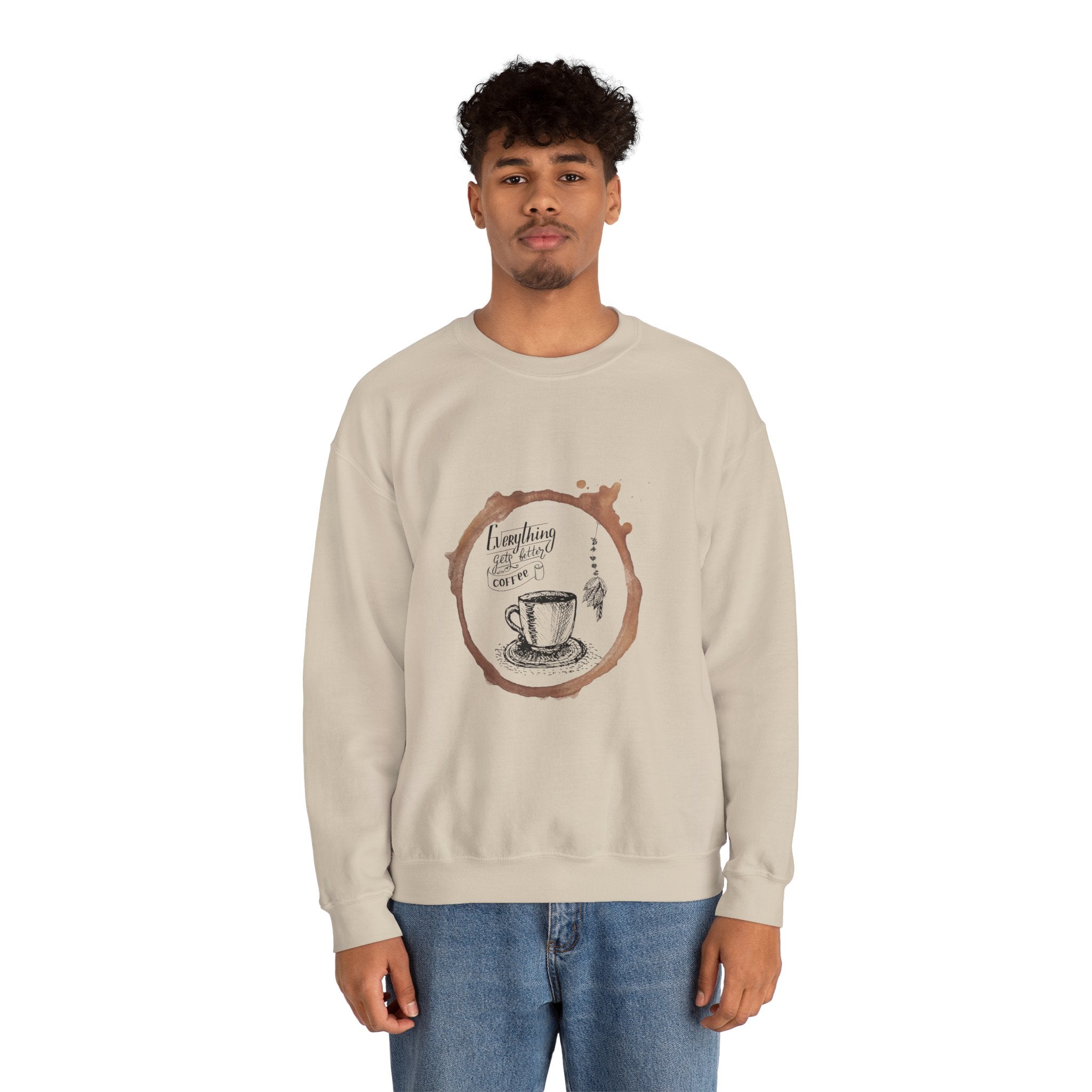 Coffee Lovers Sweatshirt — "Everything I Need Is Coffee" Cream Crewneck