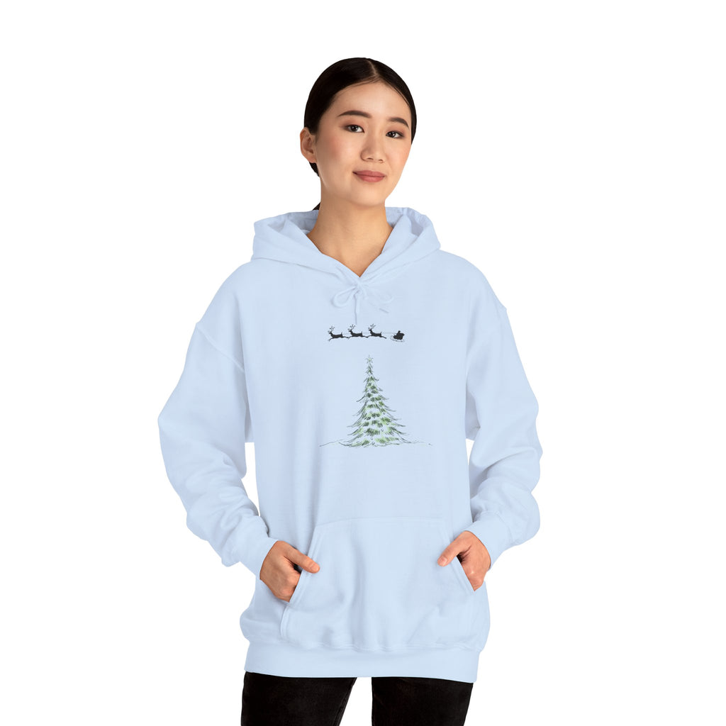 Christmas Tree Hoodie — Minimal Holiday Sweatshirt with Santa Sleigh Design
