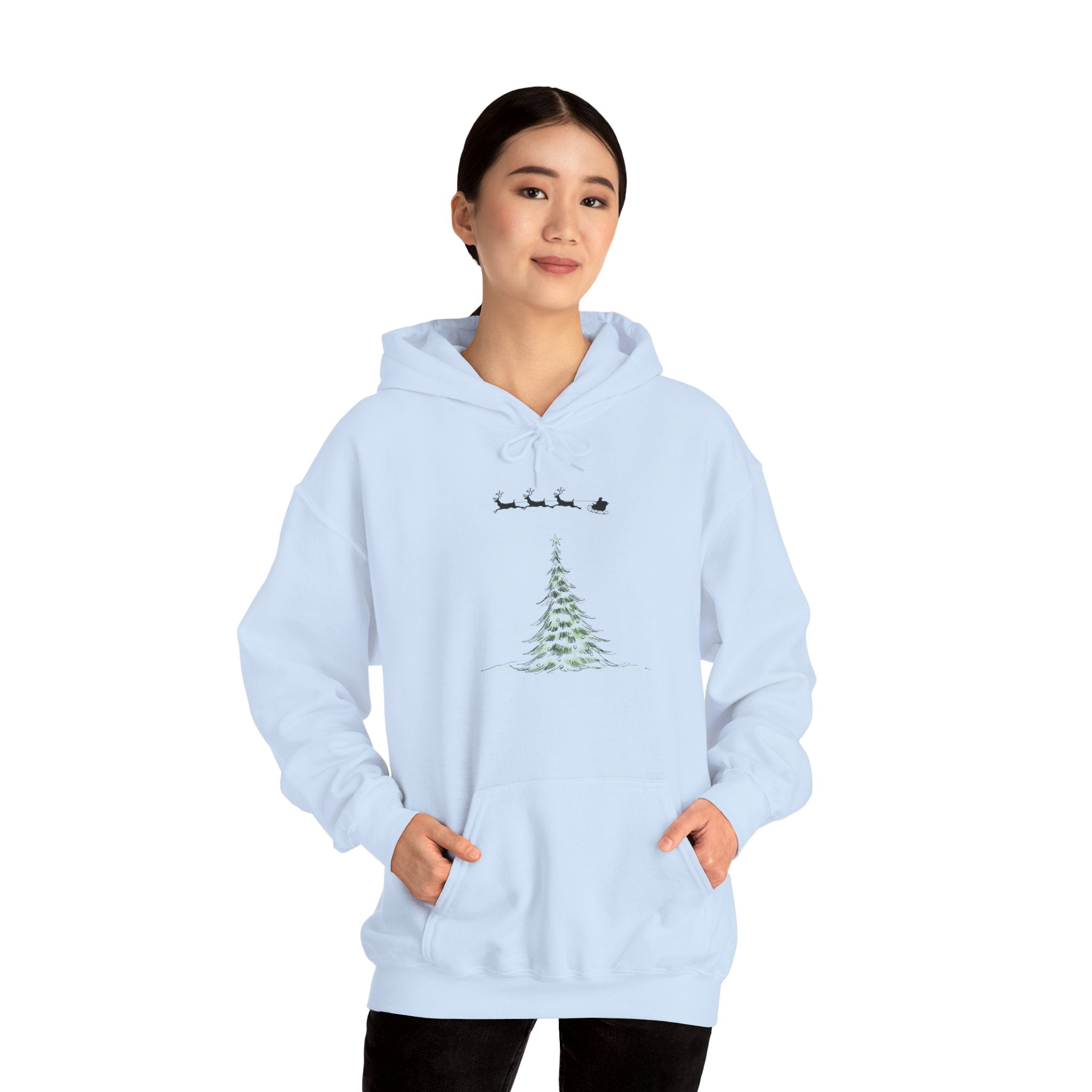 Christmas Tree Hoodie — Minimal Holiday Sweatshirt with Santa Sleigh Design